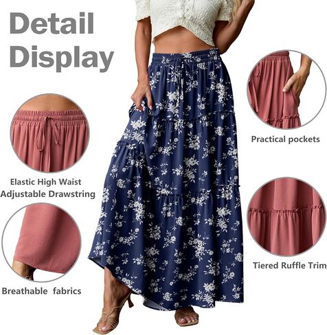 Lepunuo Womens Casual Boho High Waisted Flowy Maxi Skirts Trendy Floral Cute Long Skirts with Pockets in Kuwait