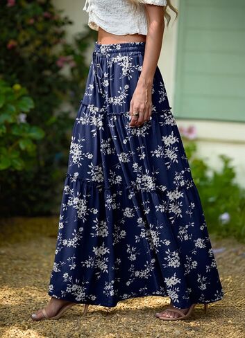 Lepunuo Womens Casual Boho High Waisted Flowy Maxi Skirts Trendy Floral Cute Long Skirts with Pockets in Kuwait