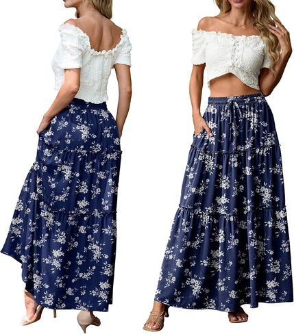 Lepunuo Womens Casual Boho High Waisted Flowy Maxi Skirts Trendy Floral Cute Long Skirts with Pockets in Kuwait
