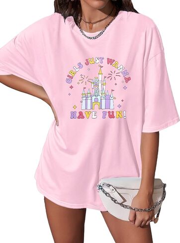 Oversized Magic Kingdom Shirts Women: Magical Castle Graphic Shirt Funny Letter Print Besties Tee Casual Holiday Tops in Saudi Arabia