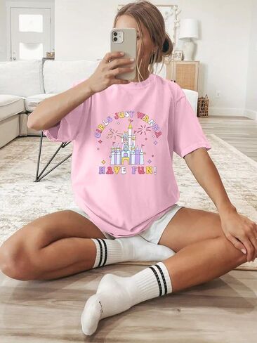 Oversized Magic Kingdom Shirts Women: Magical Castle Graphic Shirt Funny Letter Print Besties Tee Casual Holiday Tops in Saudi Arabia