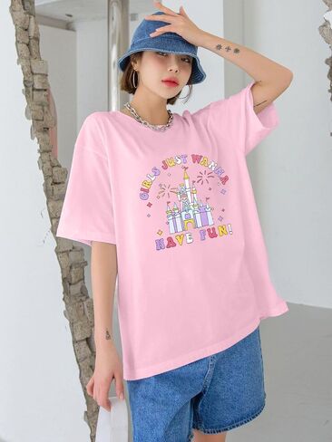 Oversized Magic Kingdom Shirts Women: Magical Castle Graphic Shirt Funny Letter Print Besties Tee Casual Holiday Tops in Saudi Arabia