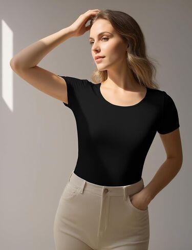 Women Wide Round Neck T-Shirt, Tee Shirt Tops Short Sleeve Slim Fitted, Petite Crop Top Tshirt Stretchy in Kuwait
