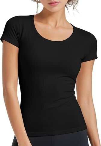Women Wide Round Neck T-Shirt, Tee Shirt Tops Short Sleeve Slim Fitted, Petite Crop Top Tshirt Stretchy in Kuwait