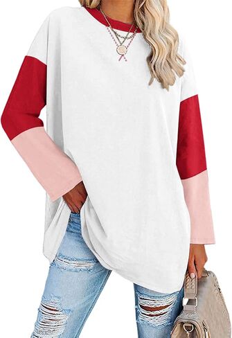 TAKEYAL Women's Color Block T Shirts Crewneck Long Sleeve Tops Casual Fashion Soft Loose Fit Shirt in Saudi Arabia