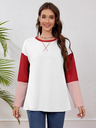 TAKEYAL Women's Color Block T Shirts Crewneck Long Sleeve Tops Casual Fashion Soft Loose Fit Shirt in Saudi Arabia