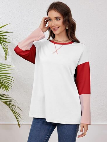 TAKEYAL Women's Color Block T Shirts Crewneck Long Sleeve Tops Casual Fashion Soft Loose Fit Shirt in Saudi Arabia