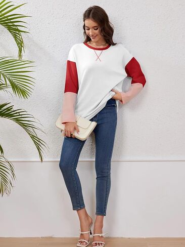 TAKEYAL Women's Color Block T Shirts Crewneck Long Sleeve Tops Casual Fashion Soft Loose Fit Shirt in Saudi Arabia