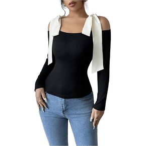 Women's Bow Knot Shoulder Colorblock T Shirt Long Sleeve Slim Fit Elegant Tee Tops