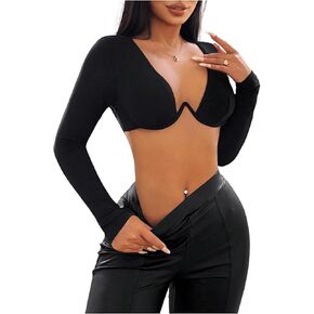 SHENHE Women's Deep V Neck Long Sleeve Plunge Crop Top Underwire Push Up Sexy Micro Crop Top