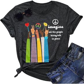 Hippie Peace Sign Shirts for Women 60s 70s Imagine All The People Living Life in Peace Tshirt Short Sleeve Tee Tops