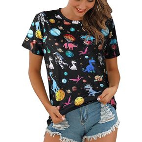 Ezcosplay Women Short Sleeve Space Shuttle Astronaut Universe Galaxy T-Shirt Graphic Shirt Casual Tee Tops