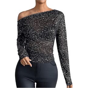 GORGLITTER Women's Sheer One Shoulder T-Shirts Long Sleeve Fitted Going Out Tops