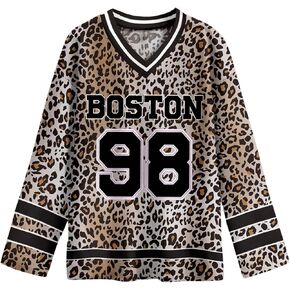 Women's Plus Size Jersey Shirts Letter Leopard Print V Neck Football T Shirt Drop Shoulder Long Sleeve Tee Tops