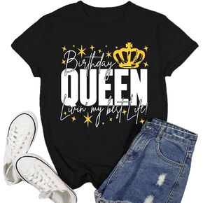 Birthday Shirts for Women Birthday Queen Letter Print T-Shirt Birthday Party Squad Tee Tops
