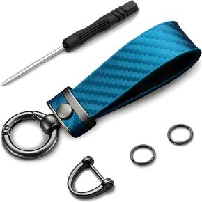 Car Key Chain, Carbon Fiber Leather Keychain, 360° Rotatable Key Fob Holder with Anti-lost D-Ring, Car Accessories (Black)