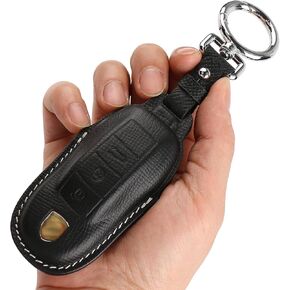 Leather Key Fob Cover，with Keychain Key Shell Case Compatible with Porsche Panamera, Macan, Cayenne, 911, 718（3-Button，Red