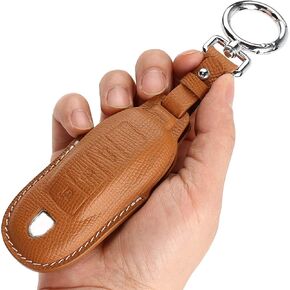 Leather Key Fob Cover，with Keychain Key Shell Case Compatible with Porsche Panamera, Macan, Cayenne, 911, 718（3-Button，Red
