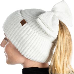 Funky Junque Beanie for Women Ponytail Hole Messy Bun Sequin Sparkle Bow Winter Hats Ribbed Knit Ladies Fashion