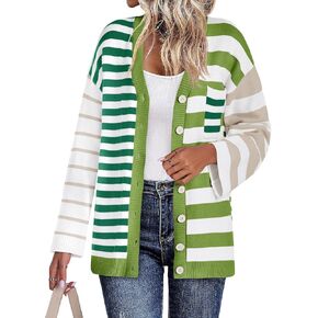 Saodimallsu Womens Striped Color Block Cardigan Sweaters V Neck Long Sleeve Button Colorful Open Front Coats