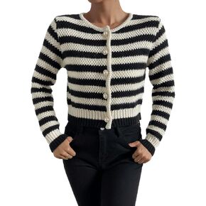 Verdusa Women's Long Sleeve Button Front V Neck Striped Knit Crop Sweater Cardigan