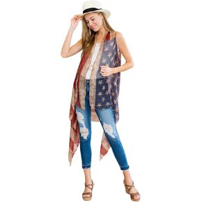 American Flag Print Cardigan - July 4th USA Star & Stripe Patriotic Lightweight Shawl Open Kimono Cardi/Vest Cover (US, Alpha, One Size, Regular, Regular, Long Vest - Rustic Flag)