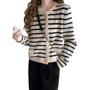 Verdusa Women's Old Money Button Down Cardigan Long Sleeve Crew Neck Sweater Cardigans