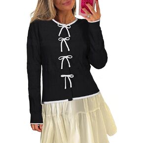 Arach&Cloz Bow Sweaters Easy Button Cardigan 2025 Spring Womens Tops Color Block Long Sleeve Casual Crew Neck Shirts