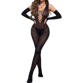 RUIBAVYA Bodystocking for Women Sleeveless Matte Full-body Bodysuit Crossed Chest Straps Deep V Jumpsuit Includes Gloves