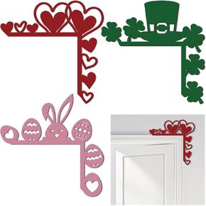 3 Pcs Valentine's Day Door Corner Sign Wooden St.Patrick Day Easter Topper Decor Shamrock Door Frame Heart Valentines Wall Decor Easter Egg Frame Decoration for Valentine Door Corner Window Corner