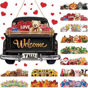 Ferraycle Valentine's Day Interchangeable Welcome Sign Valentines Truck Decor Holiday Seasonal Hanging Sign Farmhouse Rustic Holiday Door Decoration with 12 Holiday Icons for Valentines