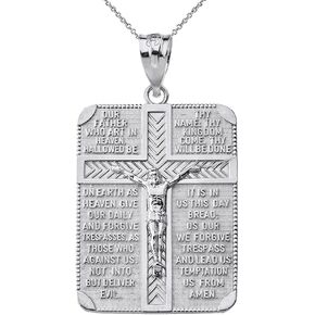 Sterling Silver Religious Lord's Prayer and Crucifix Cross Rectangular Tag Necklace