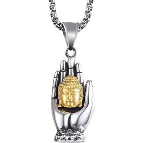 Buddha Palm Pendant, Buddhist Head Necklace, Tibetan Buddhism Amulet Jewelry Gift for Men