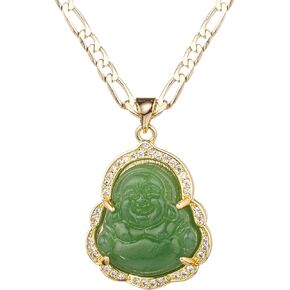 Buddha Pendant Necklace for Women Men 18K Gold Plated Zircon Inlay Multi-color Buddha Head for Protection 3MM Flat Figaro Necklace Chain