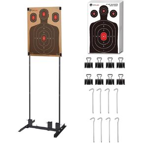 Atflbox Shooting Target Stand with 10pcs 17x25 Inch Paper Targets, Durable Paper Target Holder with Stable Adjustable Base for Cardboard Silhouette, H Shape, USPSA/IPSC, IDPA Practice