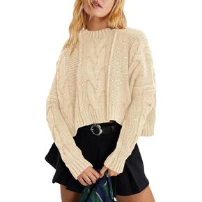 Panadila Womens Cropped Sweater Crew Neck Cable Knit Sweater Ribbed Long Sleeve Top Soft Boxy Pullover (Apricot,S)