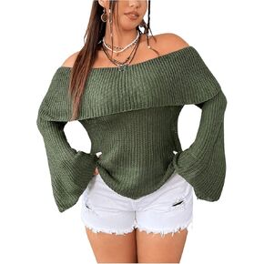 MakeMeChic Women's Plus Size Off Shoulder Flounce Sleeve Sweater Loose Knit Pullover Tops