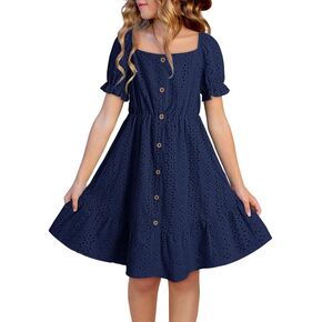 Girls Summer Dress Casual Puff Sleeve A-line Button Down Eyelet Midi Dress 6-15 Years