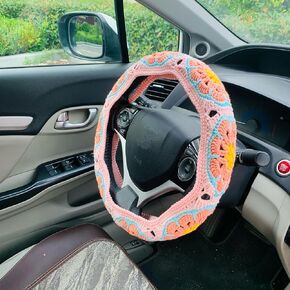 Handmade Crochet Steering Wheel Cover Sakura Pink Galsang Flower Seat Belt Cover, Car Interior Accessories Decorations. (Steering Wheel Cover + 2 Seat Belt Cover)