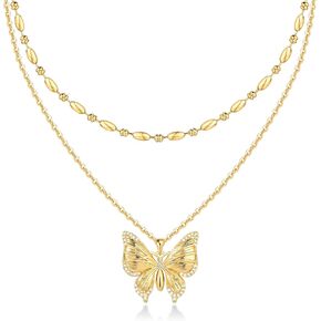 Gold Layered Necklaces Set For Women | 14K Gold Plated Handmade Cuban Link Figaro Cable Satellite Paperclip Chain Choker Necklace | CZ Heart Butterfly Square Cross Pendant Necklace Jewelry Gift Sets