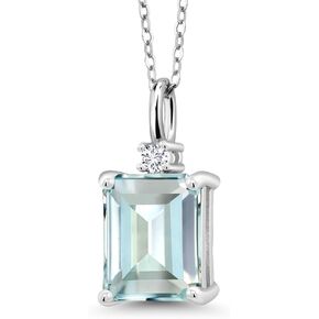 Gem Stone King 925 Silver Sky Blue Simulated Aquamarine and White Lab Grown Diamond Pendant Necklace For Women (4.27 Cttw, Gemstone Birthstone, Emerald Cut 10X8MM with 18 Inch Silver Chain)