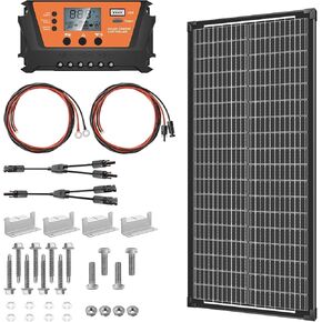 100 Watt Solar Panel Kit with 100 Watt 12 Volt Monocrystalline Waterproof Solar Panels, 10A 12V/24V Solar Charge Controller, Solar Cables, Z-Mounting Bracket, for Car Automotive Boat Marine RV Trailer