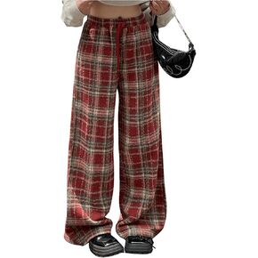 Women's Plaid Pants Drawstring Waist Straight Leg Casual Loose Pants with Pocket