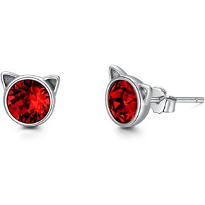 AOBOCO Cat Earrings 925 Sterling Silver 12 Birthstones Earrings for Women Hypoallergenic Studs
