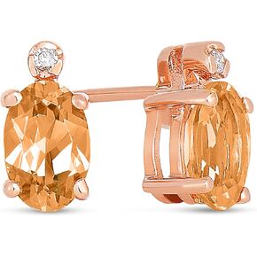 14K Rose Gold Genuine Imperial Topaz 1Ct Oval, Diamond Stud Earrings