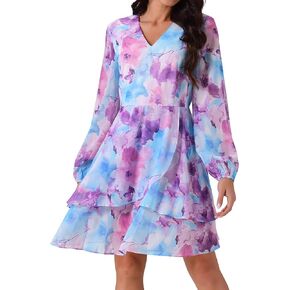 Seta T Women's V Neck Floral Dress Long Sleeve High Waist Chiffon Ruffle Swing Skater Mini Dress