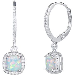 FANCIME Lever Back Earrings Created Opal October Birthstone Earrings Sterling Silver White Fire Opal Halo Cubic Zirconia Square French Back Earrings Jewelry for Women