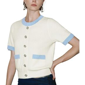 Womens Short Sleeve Sweater Crew Neck Pullover Sweater Casual Lightweight Knit Sweater Tops with Pockets