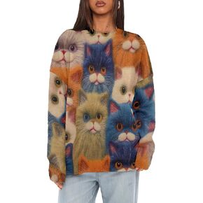 Women Crewneck Sweater Cat Graphic Printed Oversized Pullover Sweaters Fox Casual Loose Knit Tops