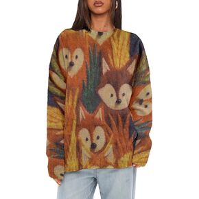 المرأة Crewneck سترة القط الرسم المطبوعة المتضخم البلوز البلوزات الثعلب عارضة فضفاض متماسكة قمم in Kuwait